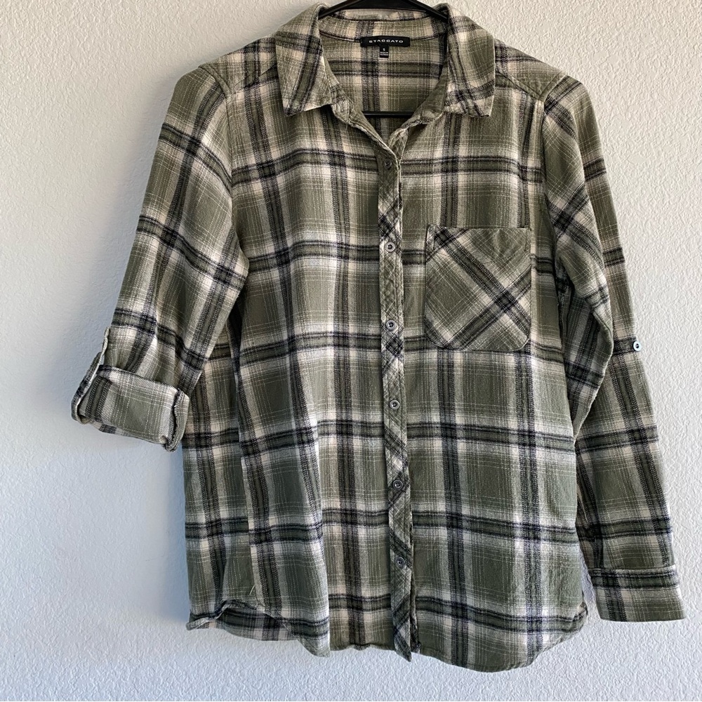 Staccato Womens Green Plaid Flannel Roll Up Sleeve Button-Down Shirt Size‎ Small